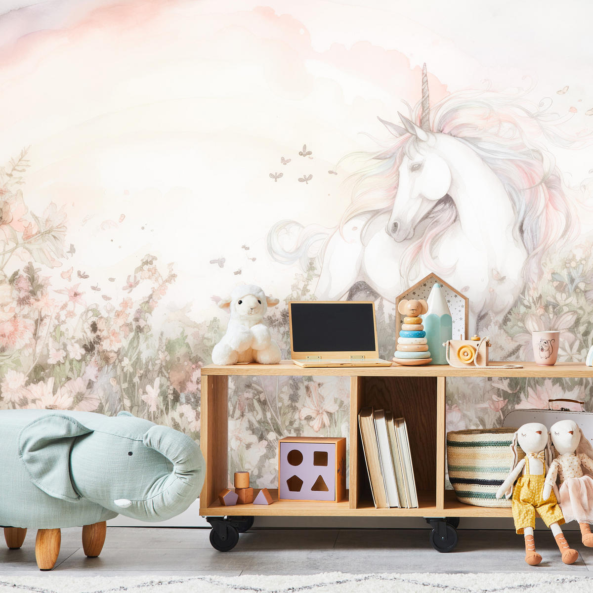 FOTOTAPETE für Kinder Einhorn Blumen Aquarell 350x256 - Gelb/Beige, Papier (350/256cm) - Muralo