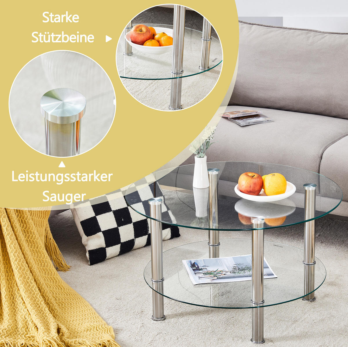 COUCHTISCH 70/60/42 cm Silber/Transparent aus Glas und Metall zweistufig - Silberfarben, Glas (70/70/42cm) - OKMYHOME