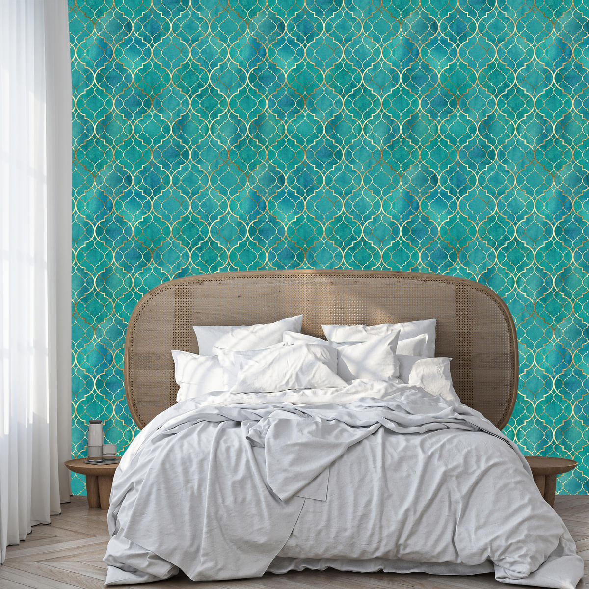 VLIESTAPETE Glamour-Ornamente – Türkis, Goldfarben – 50x1000 cm - Türkis/Goldfarben, Papier (50/1000cm) - Muralo