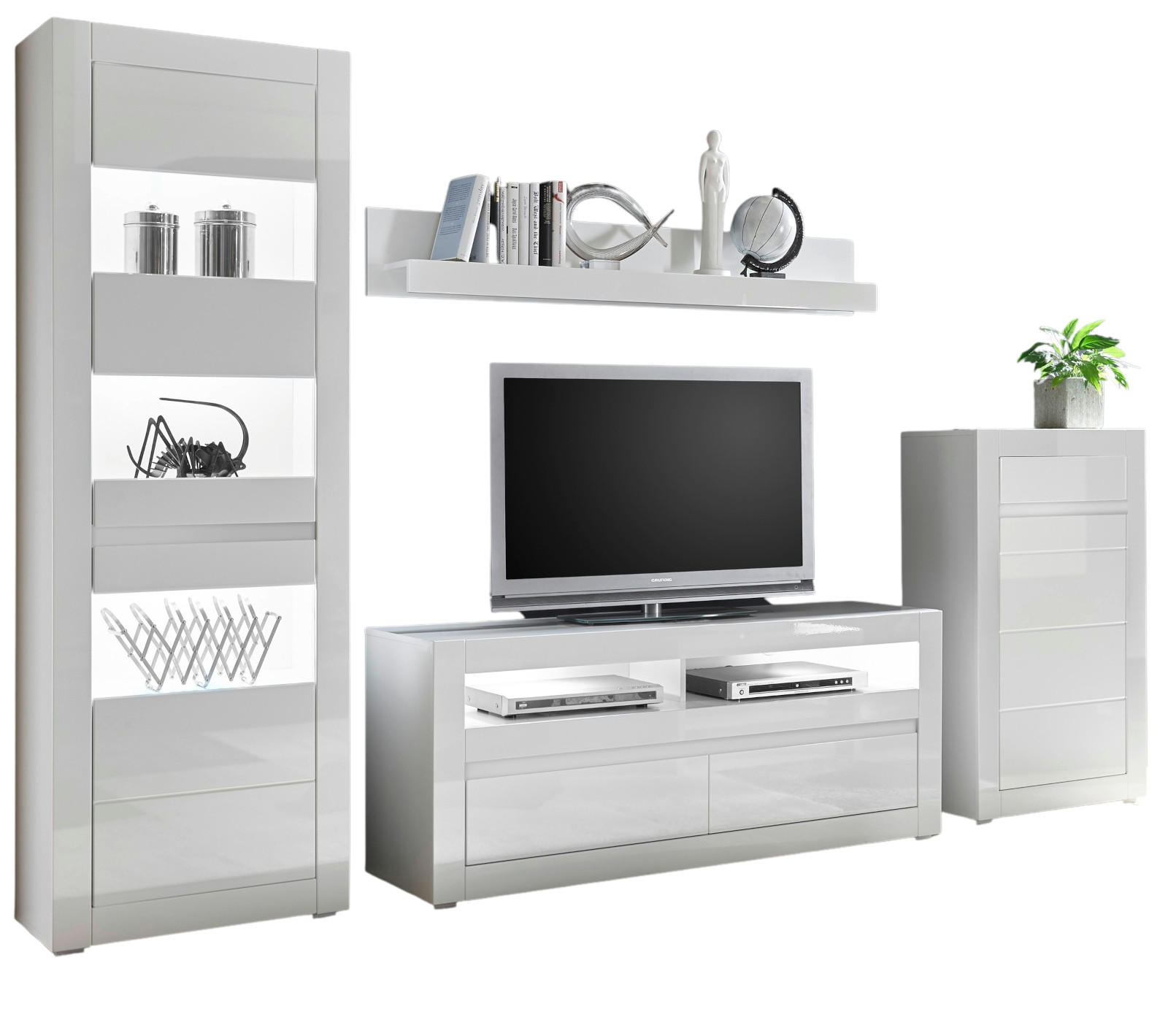 WOHNWAND 4-teilig Hochglanz weiß 302 cm, Anbauwand mit Soft-Close - Weiß Hochglanz/Weiß, Glas/Holz (302/198/42cm) - Furn.Design