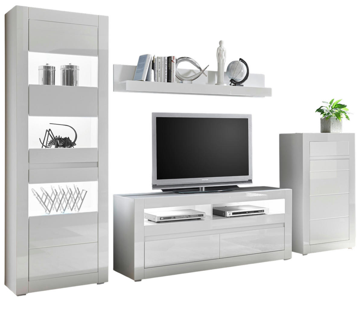 WOHNWAND 4-teilig Hochglanz weiß 302 cm, Anbauwand mit Soft-Close - Weiß Hochglanz/Weiß, Glas/Holz (302/198/42cm) - Furn.Design