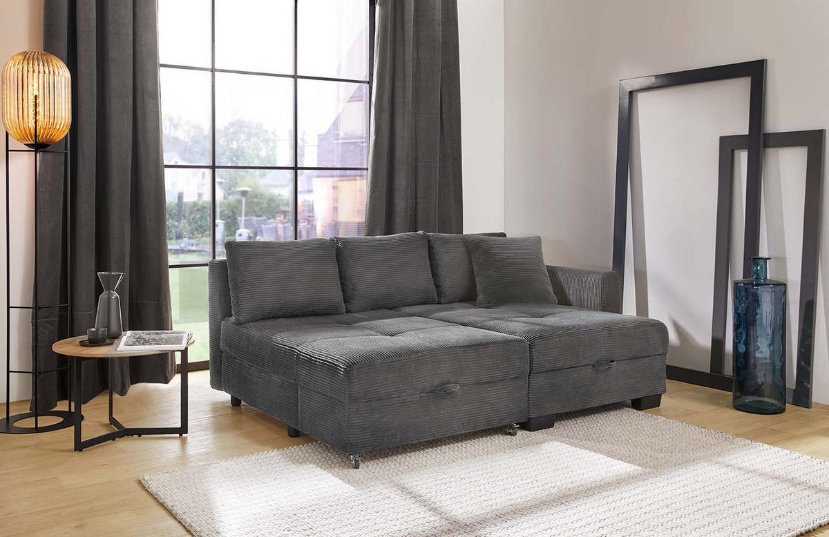 ECKSOFA Doppelbett mit Bettkasten, seitenverkehrt montierbar B247/T155/H87 cm, Liegefläche 183x207 cm, Cord Grau Anthrazit / 15214 - Schieferfarben/Anthrazit, Kunststoff/Textil (247/155cm) - luma-home