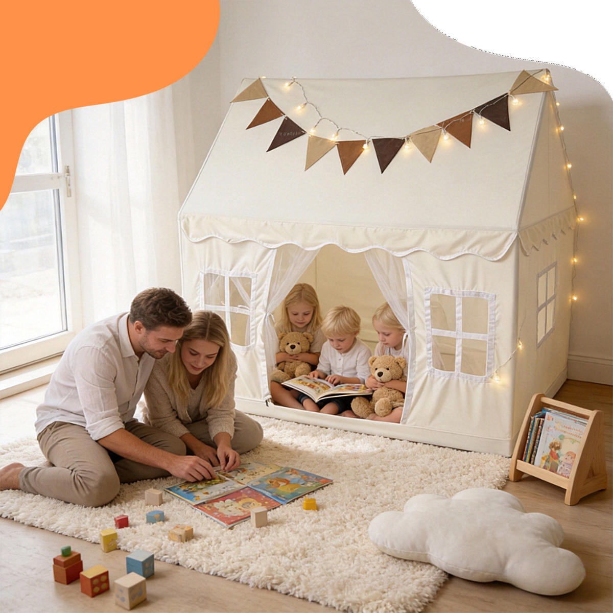 SPIELZELT Beige mit Lichterkette 130x125x95 cm - Beige, Kunststoff/Textil (125/130/95cm) - Relaxdays