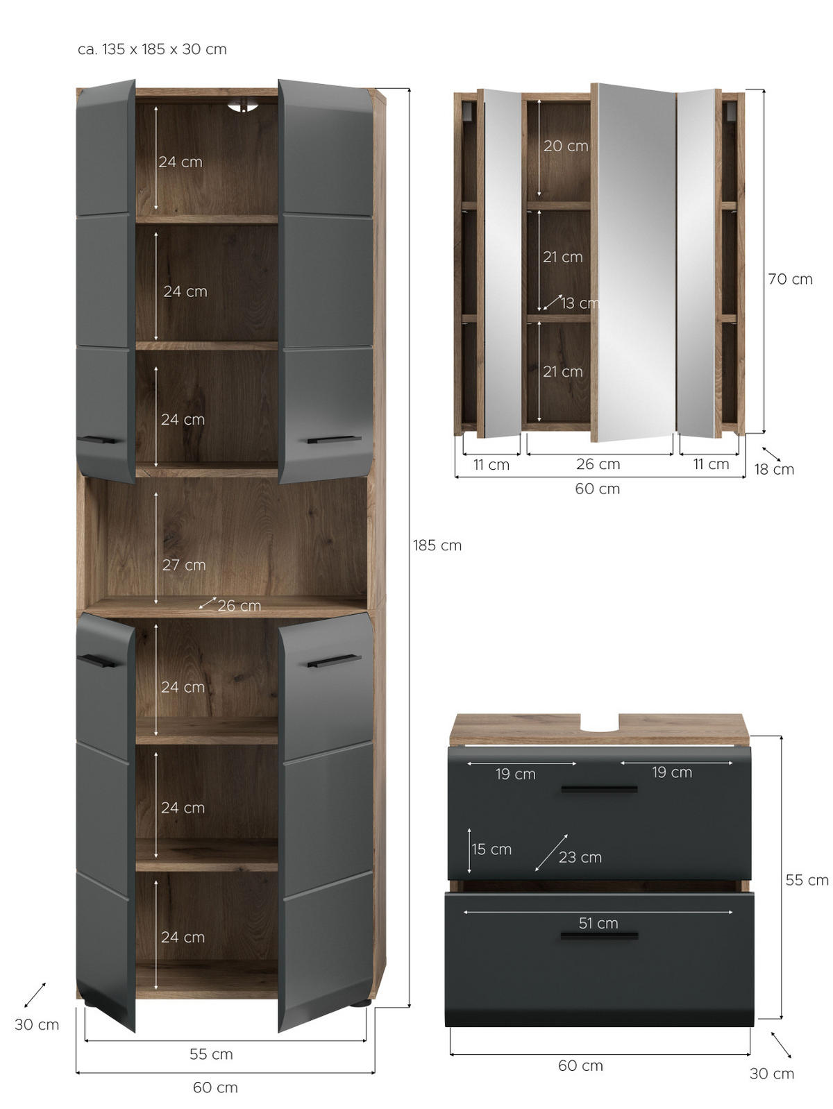 BADMÖBEL-SET 3-teilig schwarz matt, Eiche Nox, Badkombination mit Hochschrank 135 cm - Eichefarben/Schwarz, Glas/Holzwerkstoff (135/185/30cm) - Inn.Furn