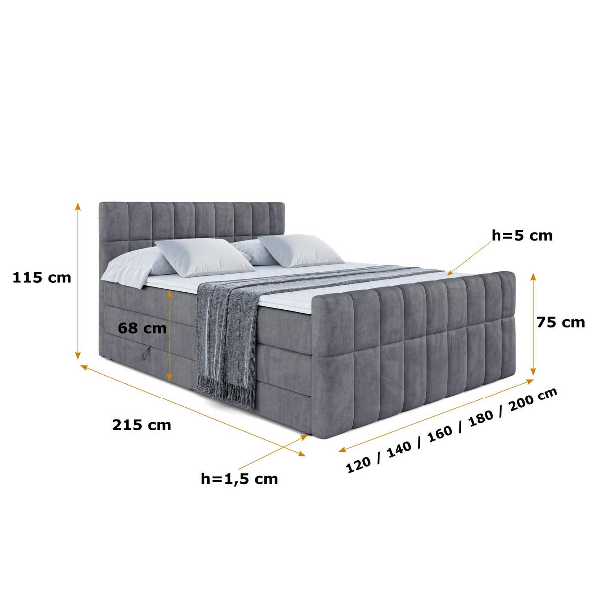 BOXSPRINGBETT MIAMI-Z KING - 120x200 - H3/H4 - Dunkelgrau - Dunkelgrau, Holzwerkstoff (120/200cm) - ALTDECOR