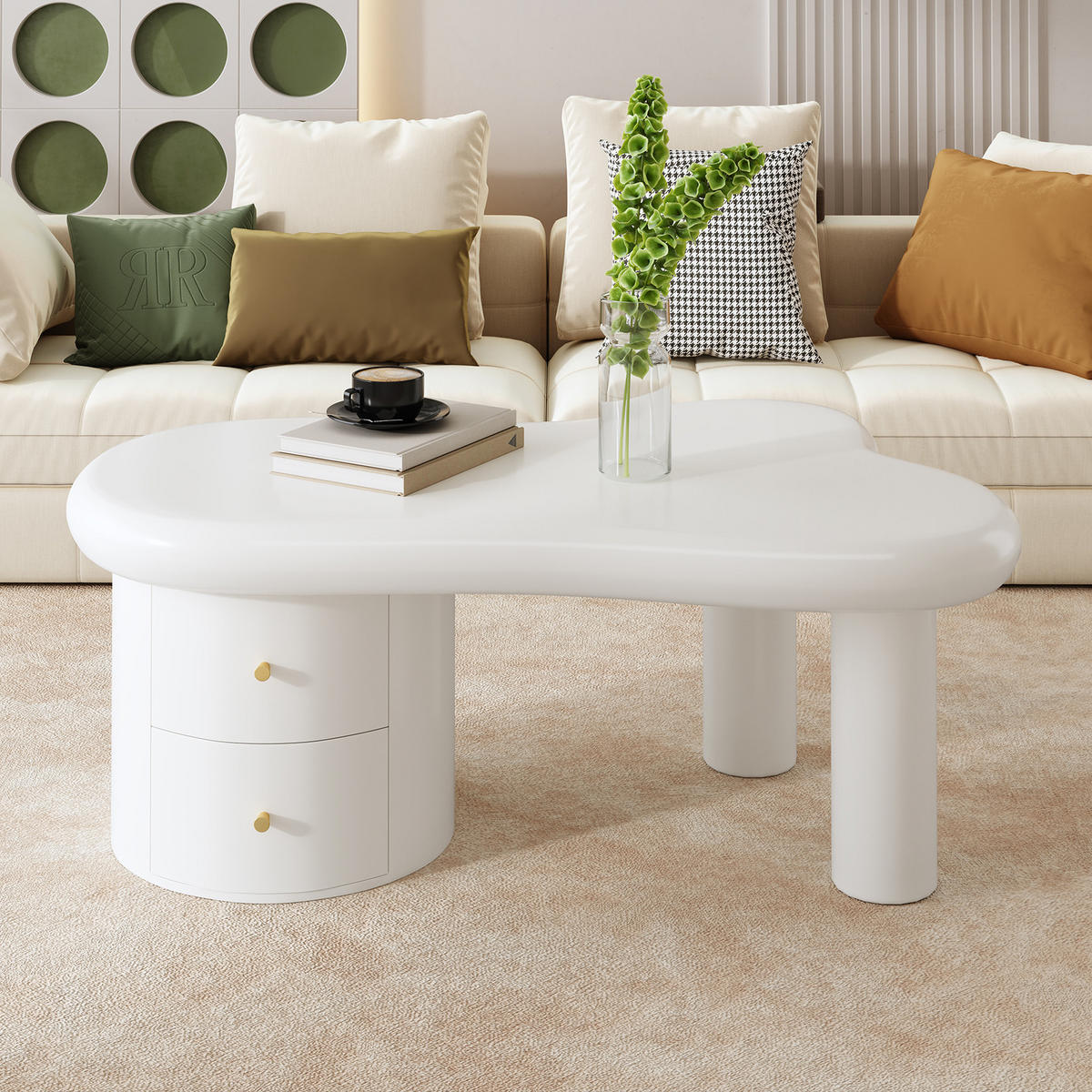 COUCHTISCH unregelmäßig 2 Schubladen weiß - Weiß, Holz (64/97/42cm) - LEBENLANG