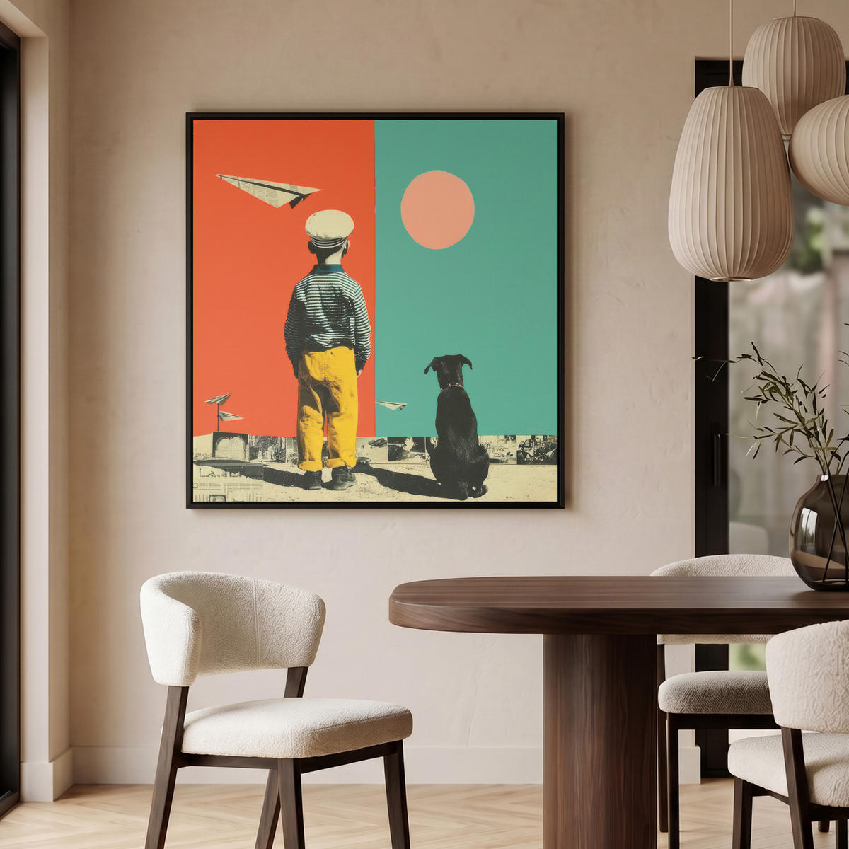 LEINWAND Bilder mit Rahmen - Retro - Junge - Hund - Rot - Grün - 90x90 - Orange, Textil (90/90cm) - MuchoWow