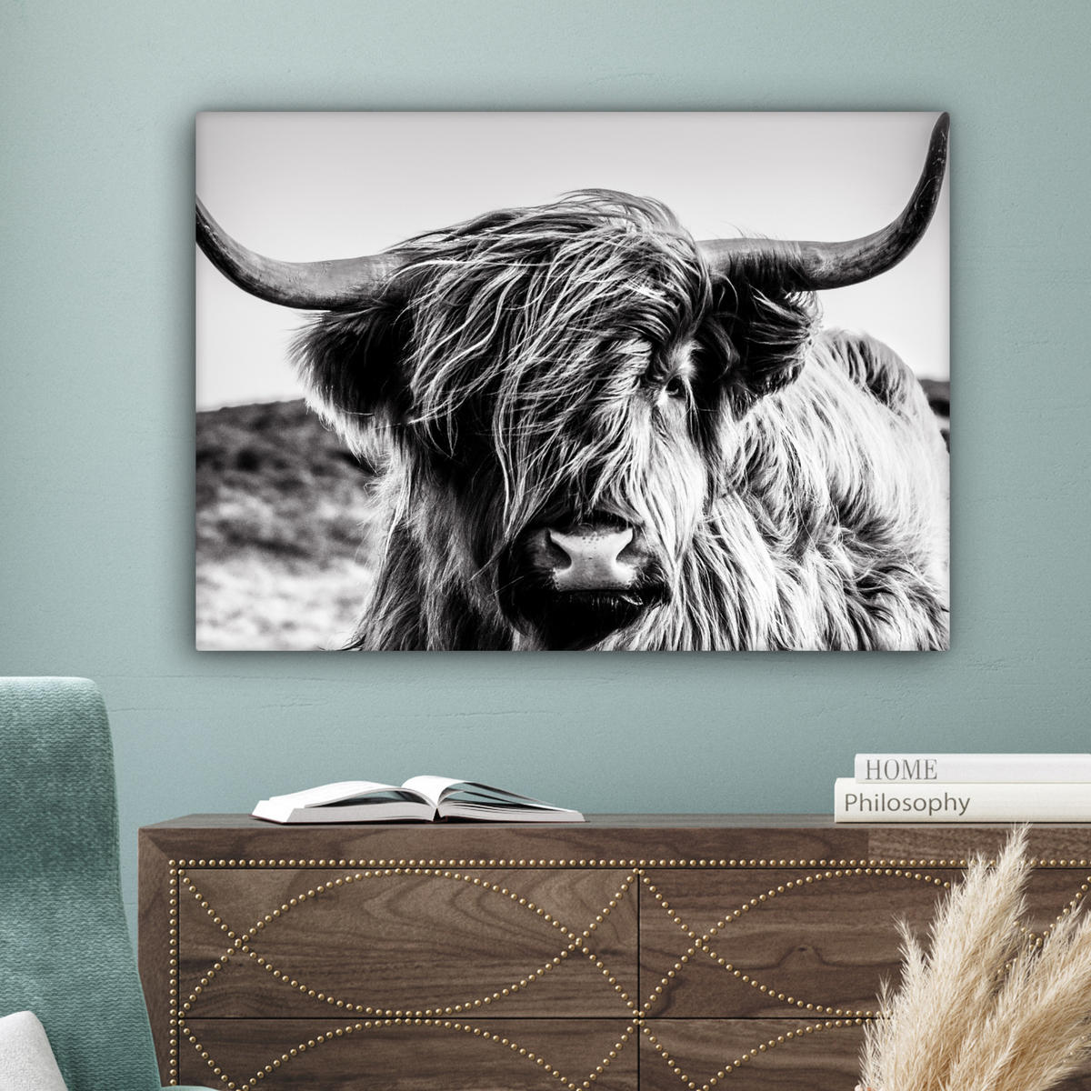 LEINWANDBILD Kuh - Schottischer Hochländer - Schwarz - Weiß - Tier - Natur - Wildtiere Wandbilder 80x60 cm - Schwarz, Textil (80/60cm) - MuchoWow