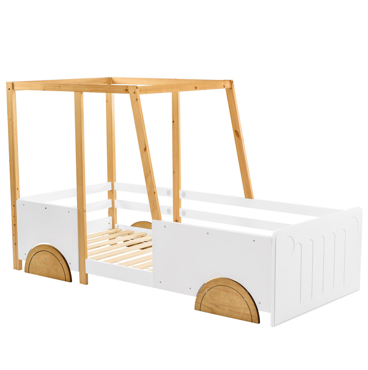 DETSKÁ posteľ 90/200 cm biela s prírodnou a hnedou z masívneho dreva a MDF v tvare auta s ochrannými zábranami - biela, drevo (90/200cm) - OKWISH