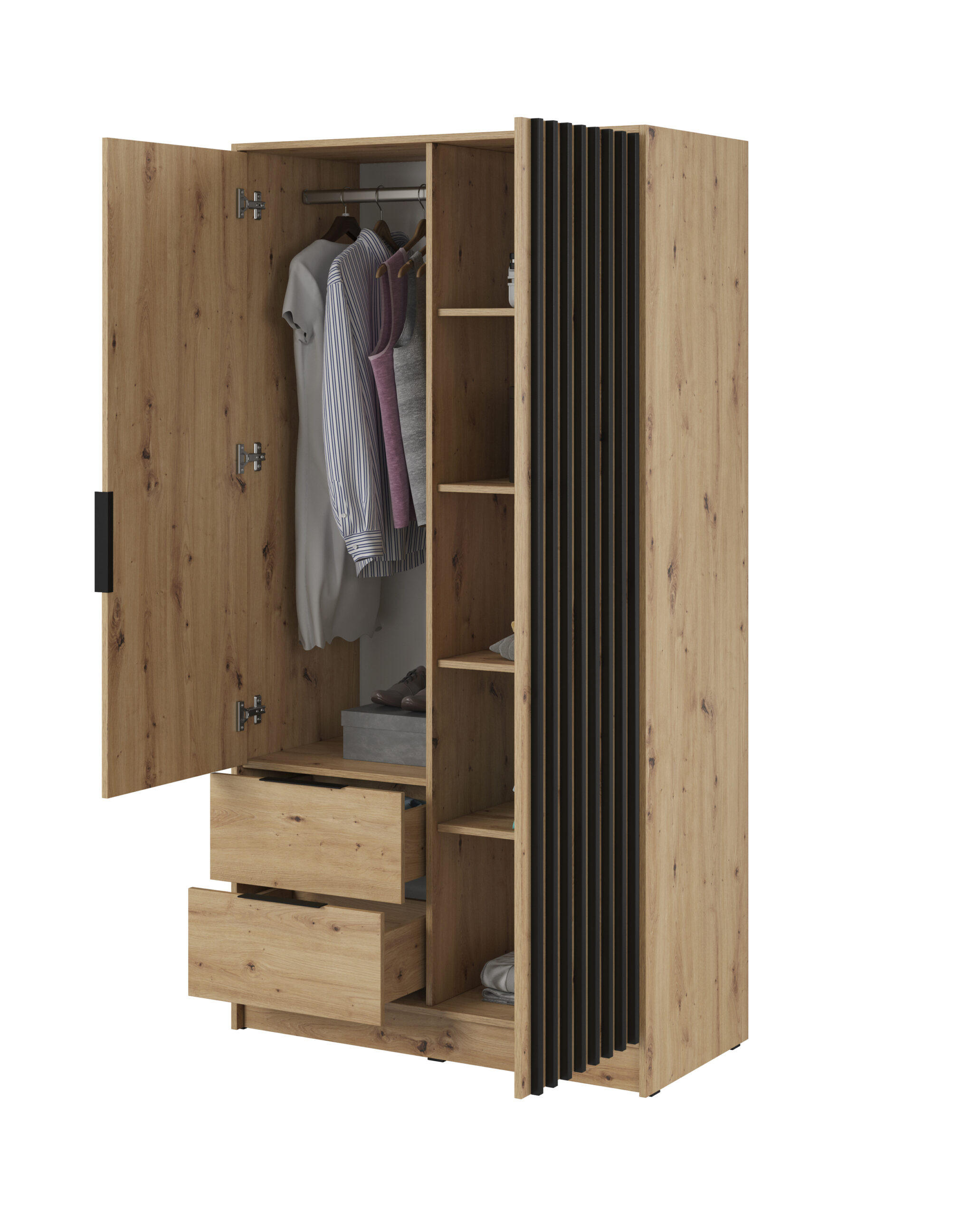 DREHTÜRENSCHRANK - John 2D ohne Spiegel Artisan + schwarz - Eiche Artisan, Holzwerkstoff/Metall (105/200/51cm) - Möblo