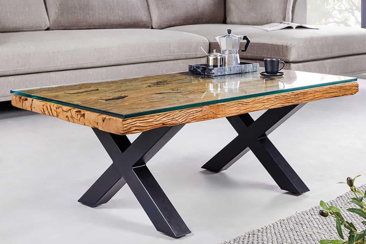 COUCHTISCH BARRACUDA Teakholz rechteckig Braun|Transparent 110cm - Transparent/Schwarz, Glas/Holz (60/110/40cm) - riess-ambiente