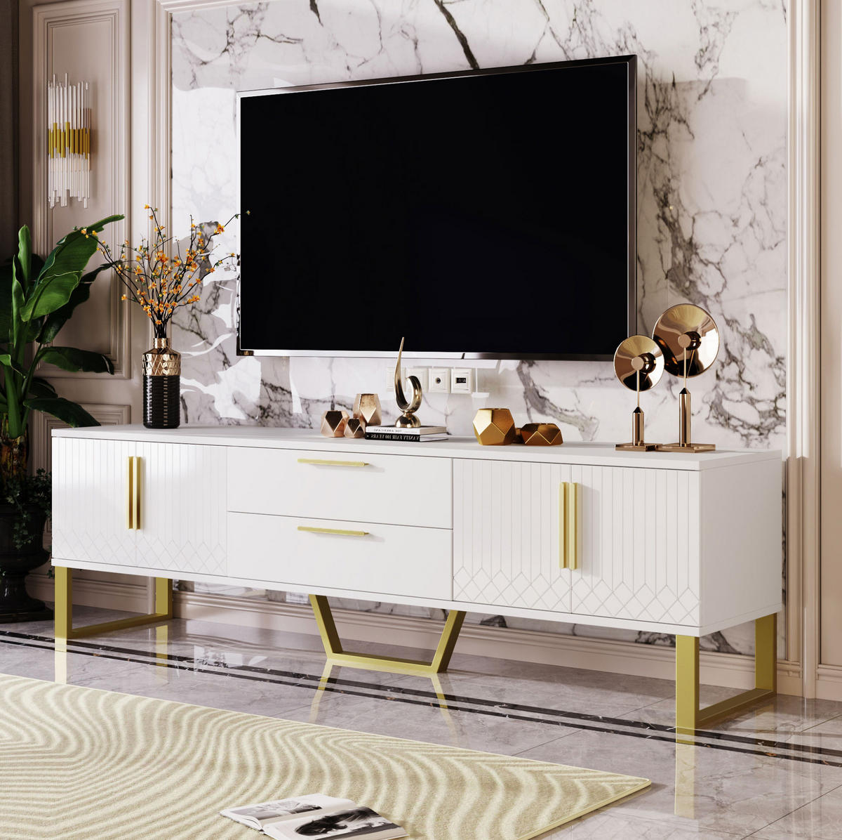 TV-SCHRANK Hochglanz 170 x 40 x 53,5 cm Weiß MDF mit 4 Türen - Weiß, Holzwerkstoff (40/53.5/170cm) - Beauniv