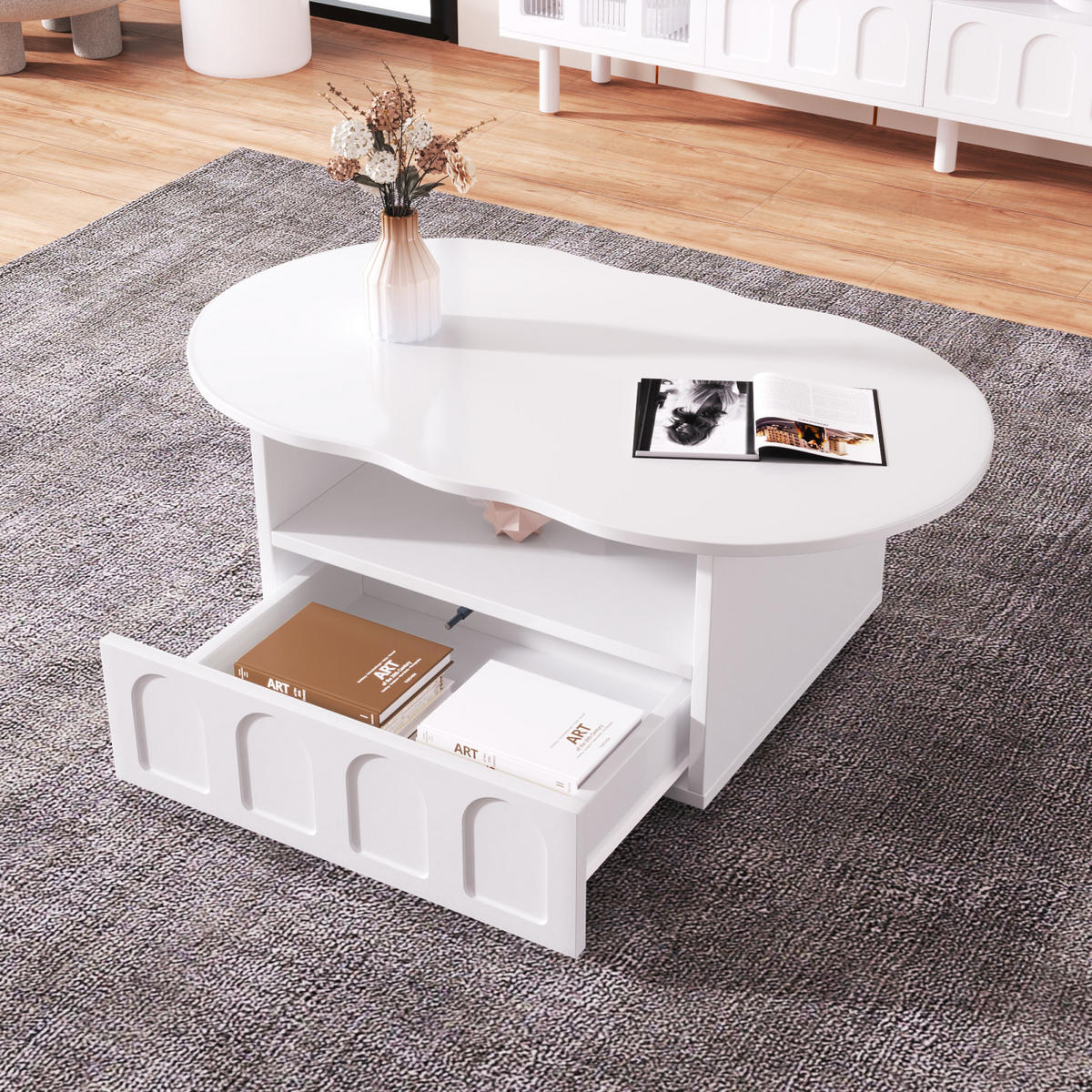 COUCHTISCH Weiß in Wolkenform mit Schubladen und Staufächern - Weiß, Metall (100/60/40cm)