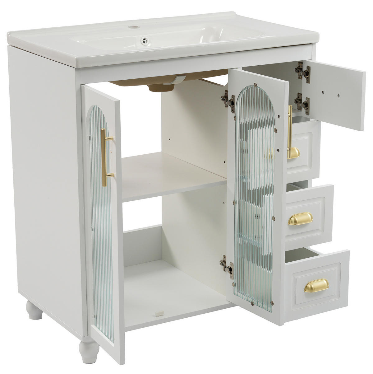 BADEZIMMERSCHRANK mit Becken 80x47x90 cm Weiß aus Porzellan & MDF mit 2 Schränken & 3 Schubladen - Weiß, Holzwerkstoff (80/90/47cm) - Modfu