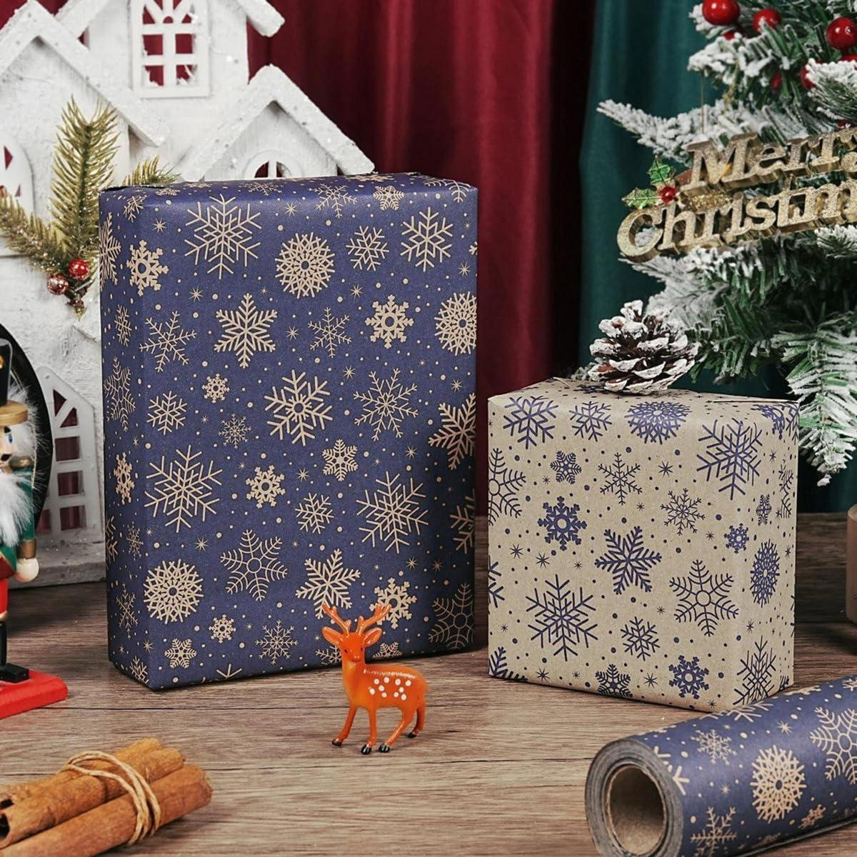 GESCHENKPAPIER Rolle Weihnachten 43 cm x 10 m Dunkelblau Braun - Multicolor, Papier (43/0.1/1000cm)