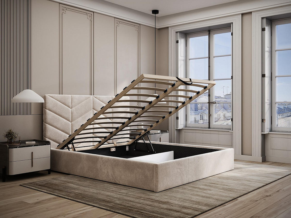 BETT mit Bettkasten - 2 Personen - Stoff - Cremefarben - - Creme, Textil (180/200cm) - Vente-Unique