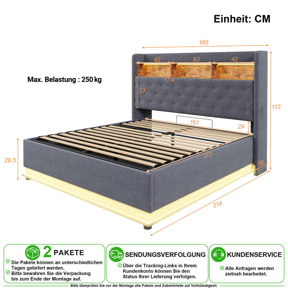 POLSTERBETT 160/200 cm in Grau mit LED, USB und Bettkasten Leinen - Grau, Holzwerkstoff/Textil (160/200cm) - CHICFURN