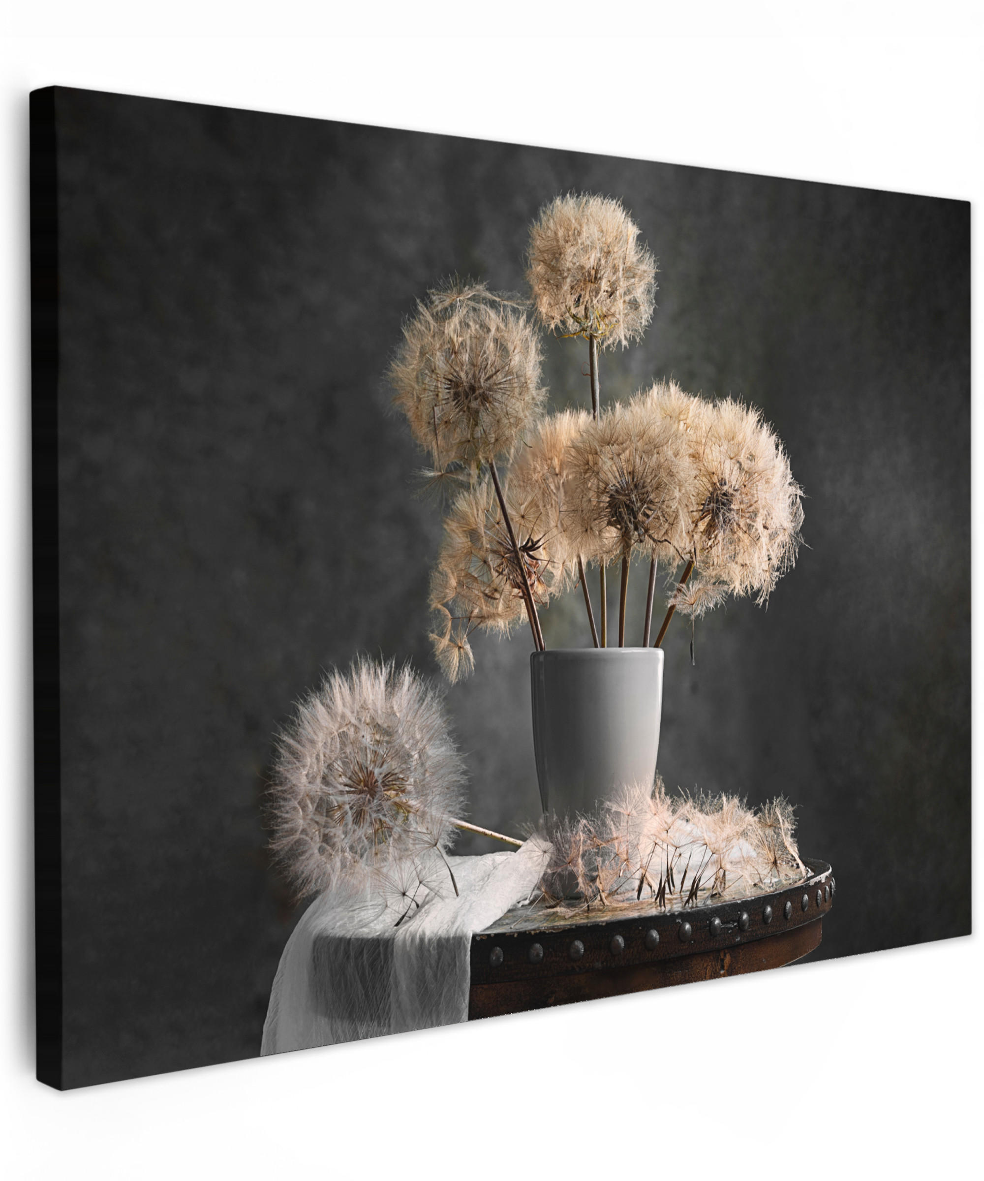 LEINWANDBILD Blumensamen - Löwenzahn - Vase - Stilleben - Blumenstrauß 40x30 cm - Dunkelgrau, Textil (40/30cm) - MuchoWow