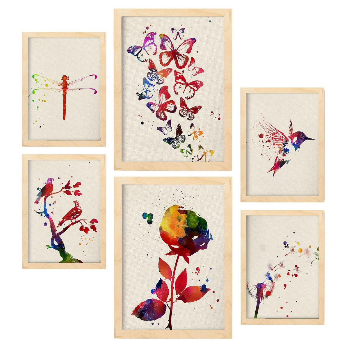 POSTER Set Mit 6 Natur Illustrationen Im Aquarell Stil Von Pflanzen, Blumen, Schmetterlingen Und Vögeln A3 & A4 Rahmen Aus Hellem Holz - Beige, Papier (29/3cm) - Nacnic