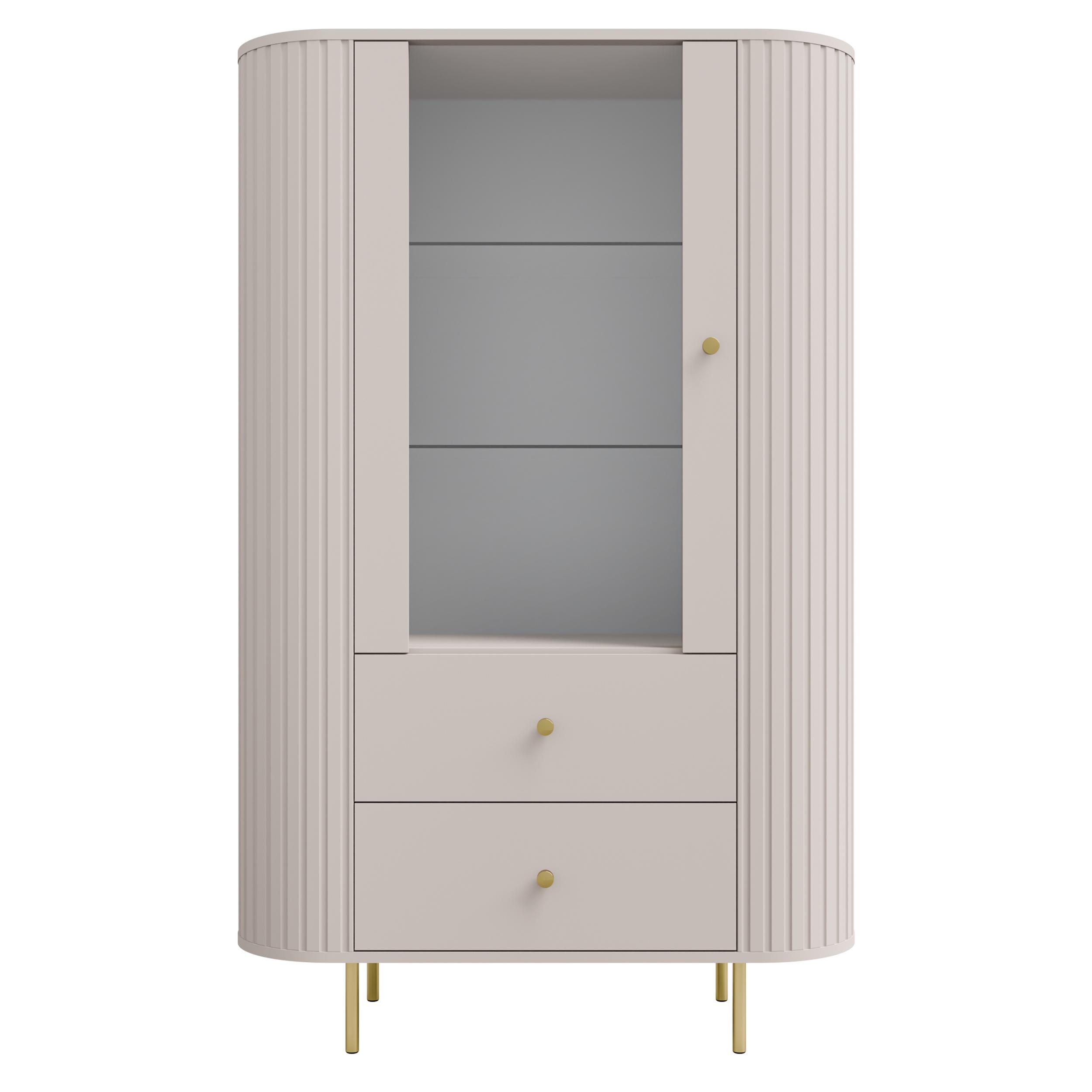 VITRINE Halay Beige, 1 Tür & 2 Schubladen Moderne Rillenstruktur, mit runden Kanten - Beige/Goldfarben, Holzwerkstoff/Metall (97.4/155/42.3cm) - AX Living