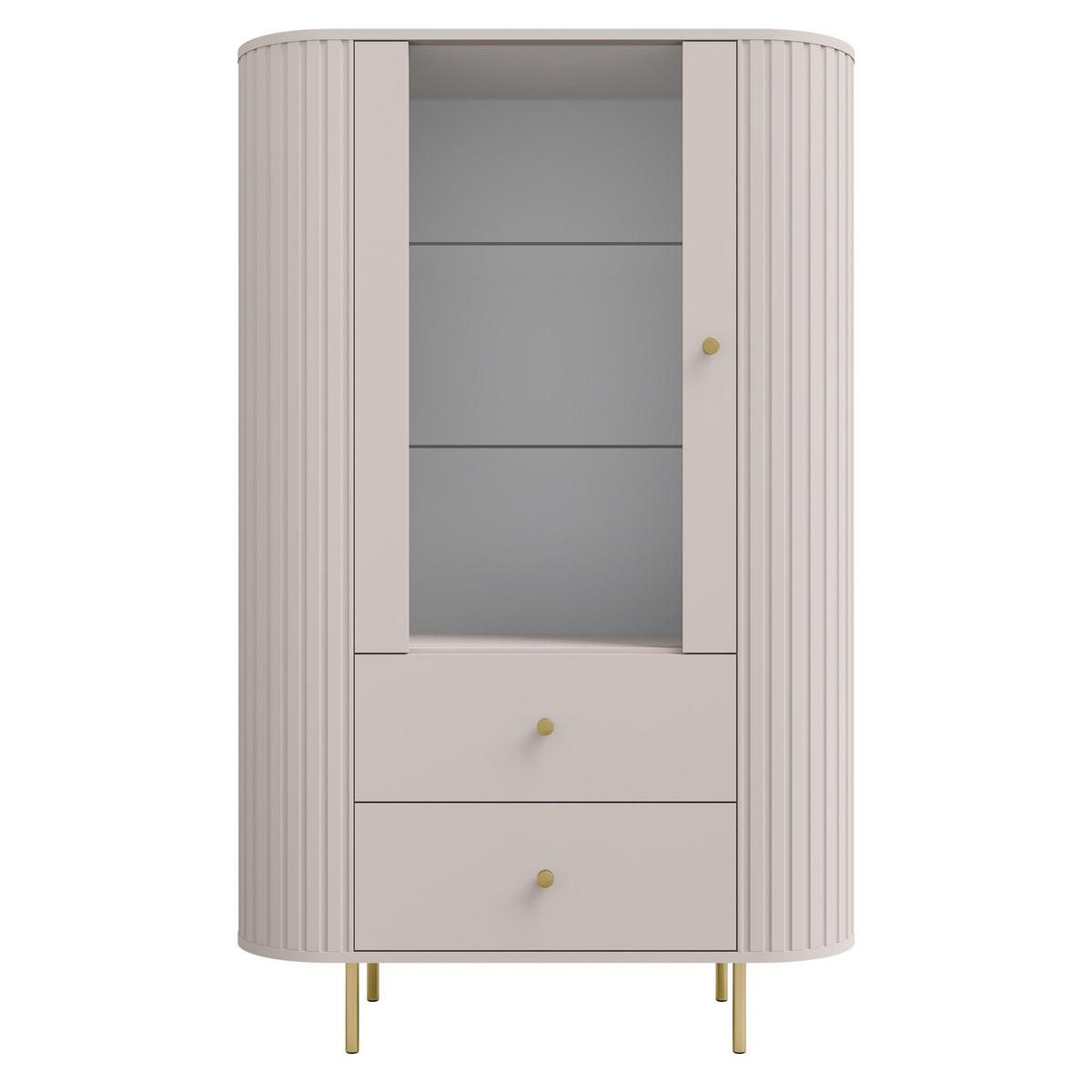 VITRINE Halay Beige, 1 Tür & 2 Schubladen Moderne Rillenstruktur, mit runden Kanten - Beige/Goldfarben, Holzwerkstoff/Metall (97.4/155/42.3cm) - AX Living