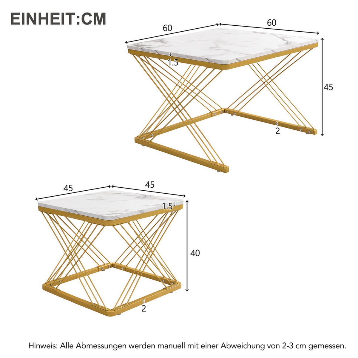 COUCHTISCH Set 2-tlg Quadratisch Hochglanz Marmoroptik Höhenverstellbar 30kg - Weiß, Holz (81.99/70/17.5cm) - FLIEKS