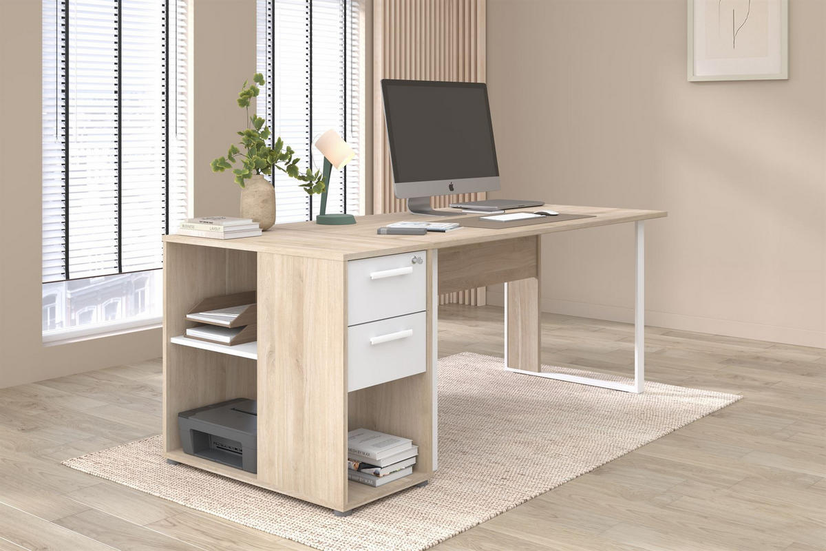 COMPUTERTISCH mit Container Parisot Start Up 2-tlg. Dekor Weiß/Eiche - Eichefarben/Weiß, Kunststoff (189/80/73cm) - 58aufmkessel