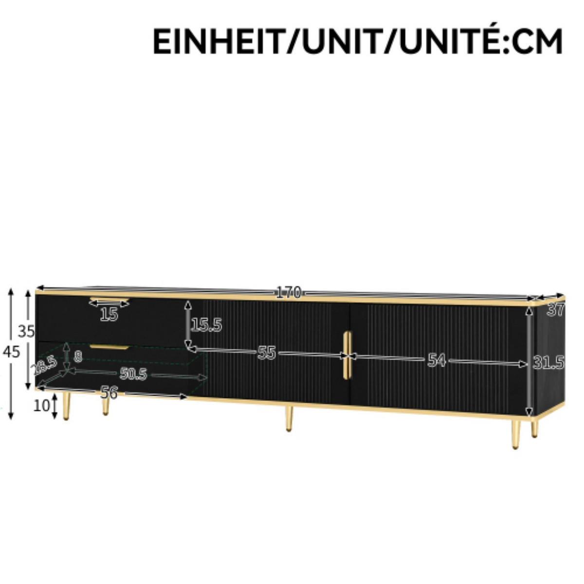 TV-SCHRANK 170/37/45 cm schwarz mit geschnitzter Struktur und goldenen Griffen - Schwarz, Holzwerkstoff (170/45/37cm) - OKWISH