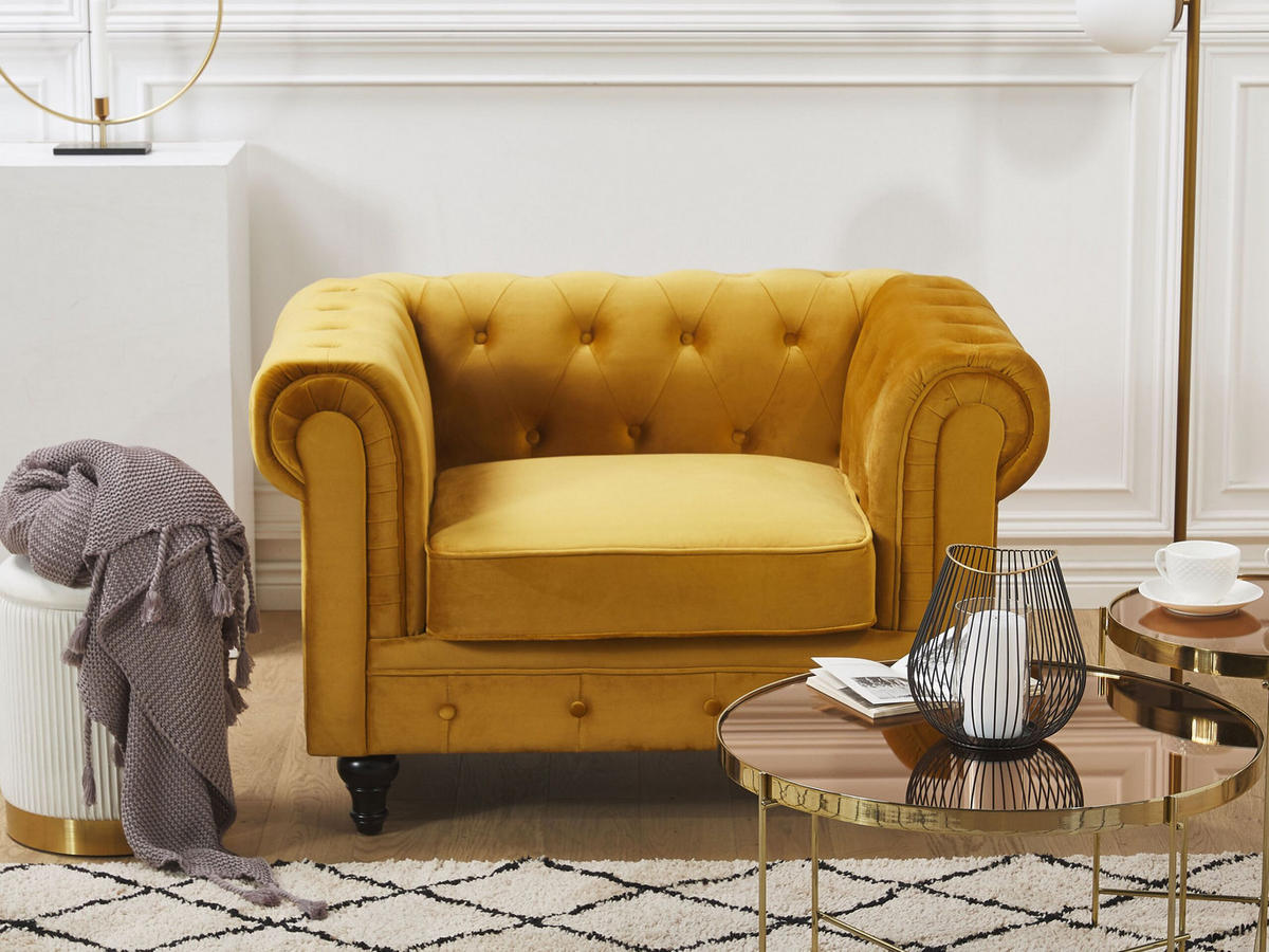 SESSEL Samtstoff senfgelb Rautenmuster Chesterfield - Gelb, Textil (110/70/75cm) - Beliani