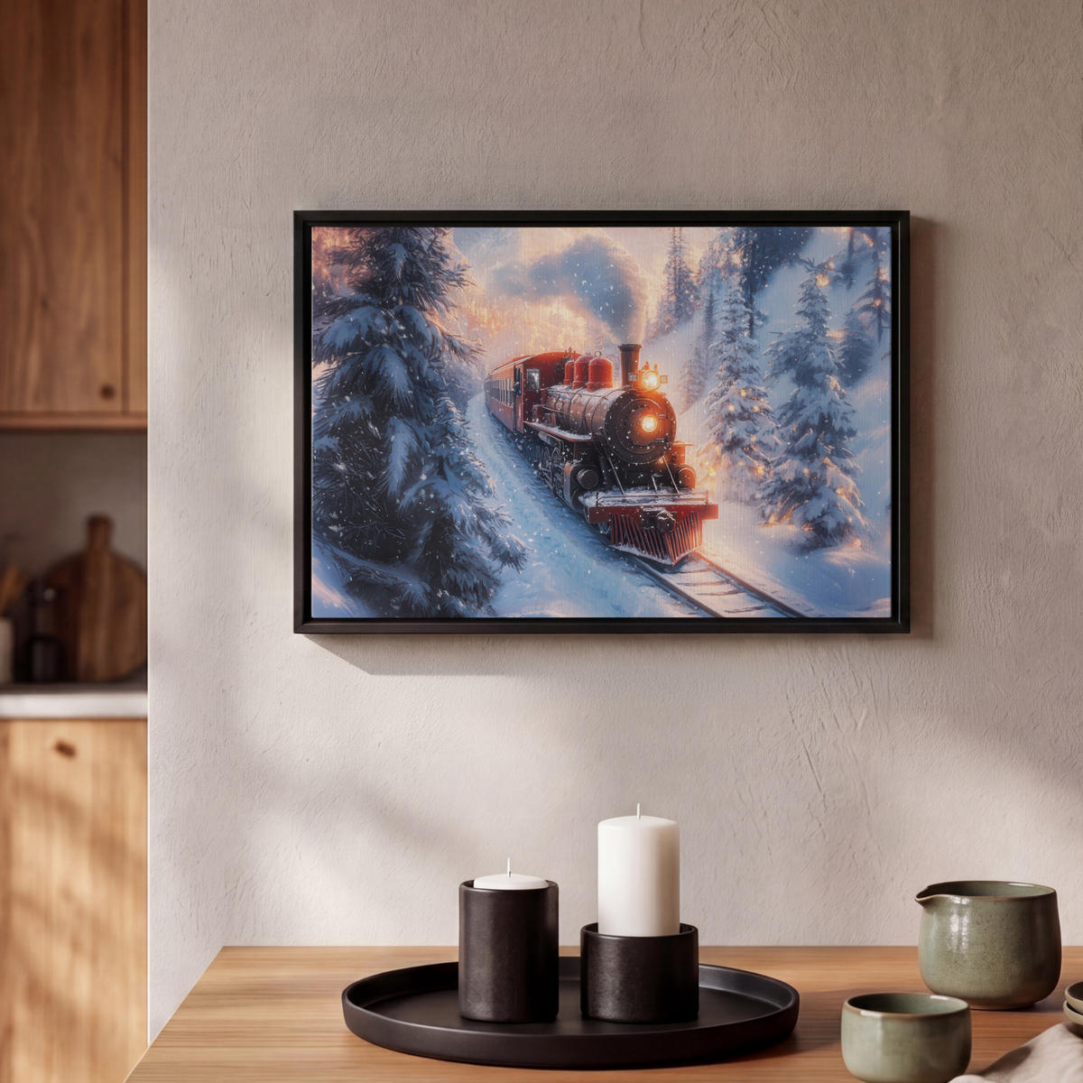 LEINWAND Bilder mit Rahmen - Weihnachtszug - Schnee - Winter - Weihnachten - 30x20 - Dunkelrot, Textil (30/20cm) - MuchoWow