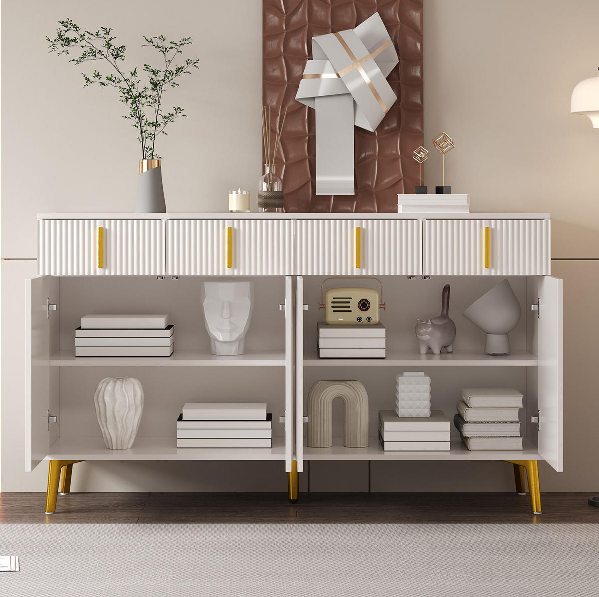 SIDEBOARD 140/38/82 cm Weiß aus MDF mit 4 Türen und 4 Schubladen - Weiß, Holzwerkstoff (140/82/38cm) - OKWISH