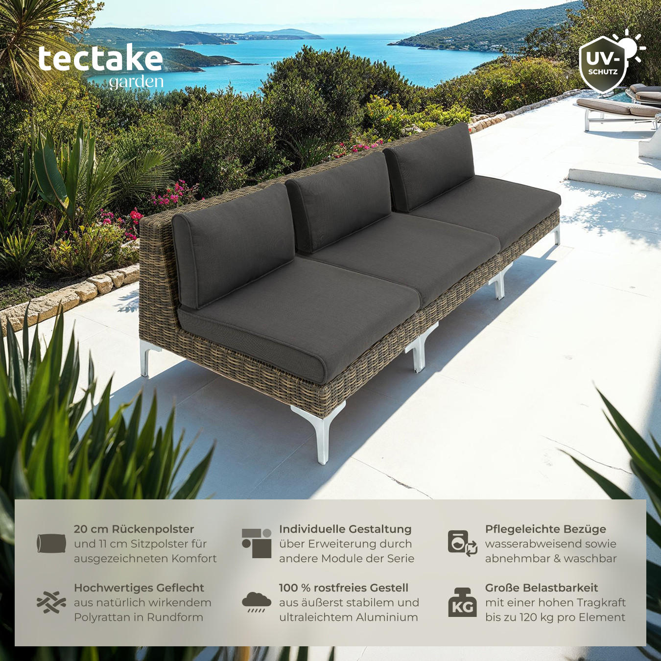GARTEN-LOUNGE-SET Villanova,kein Aufbau,anthrazit-meliert - Anthrazit, Kunststoff (207/72/89cm) - tectake