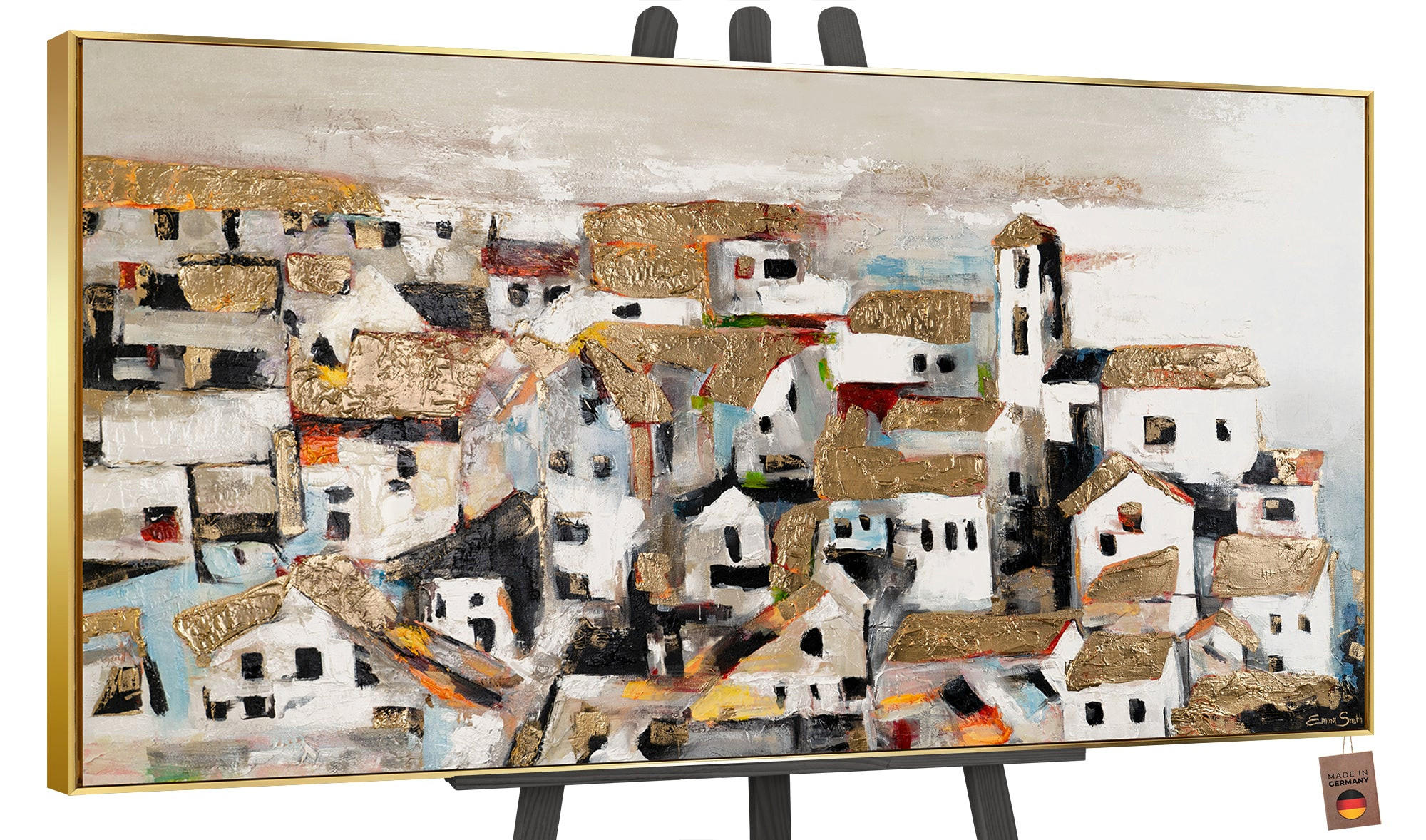 GEMÄLDE Häuschen im Sonnenlicht Schattenfugenrahmen Gold 200x100 cm - Goldfarben, Holz (200/100cm) - YS-art gallery