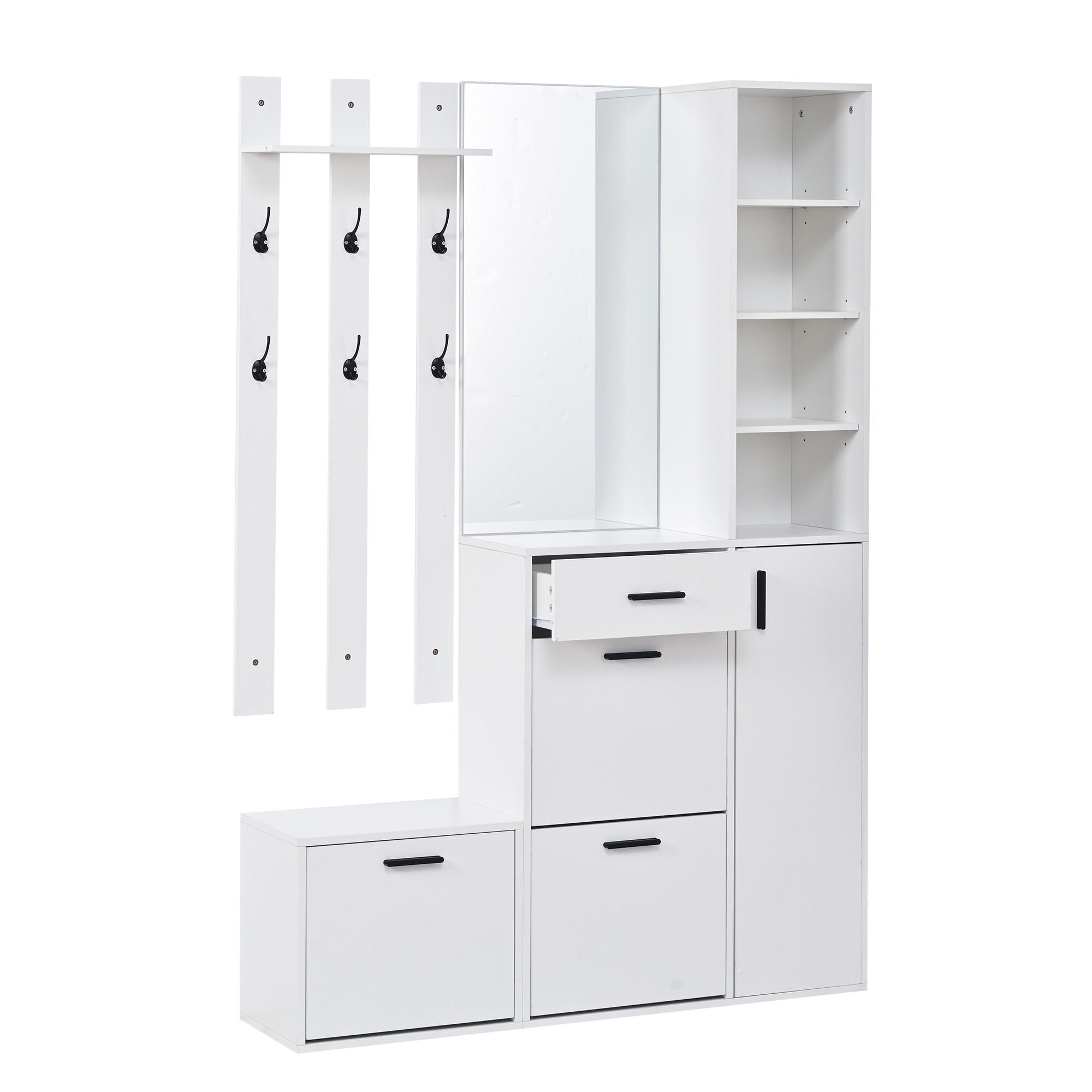 GARDEROBEN-SET in Weiß mit Spiegel und Kleiderhaken für Flur, B120/T30/H178 cm - Weiß, Holzwerkstoff (120/178/30cm) - STILVORA