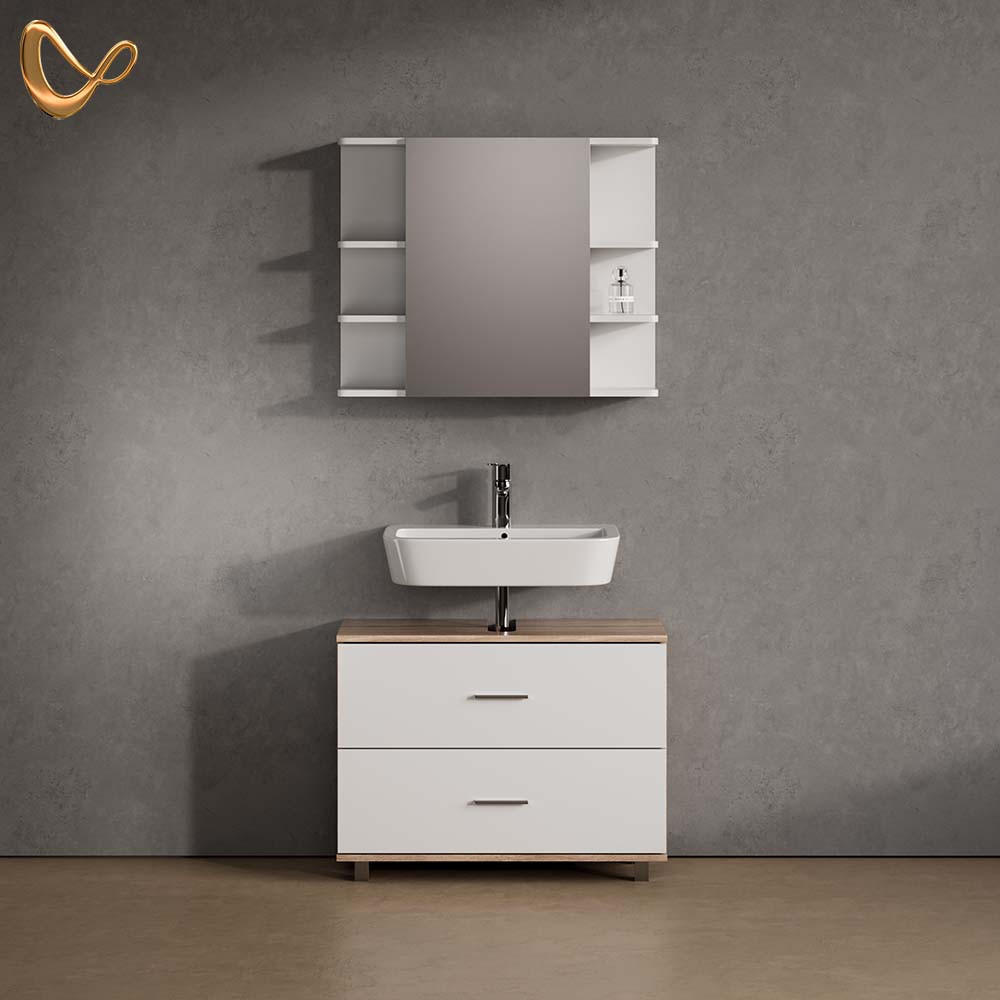 BADMÖBEL-SET Eisak Weiß/Sonoma 2 Teile, Unterschrank 80 cm - Weiß/Sonoma Eiche, Holzwerkstoff (80/60/33cm) - Livinity®