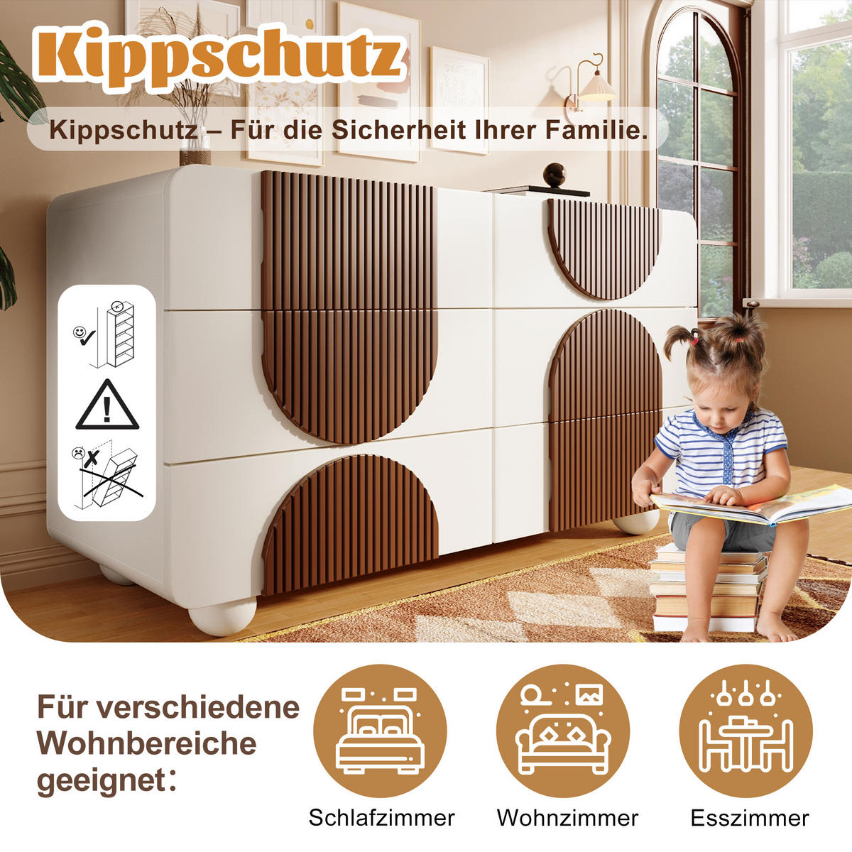 SIDEBOARD Weiß Holzleisten mit 6 Schubladen Geschwungenes Design 121×71 cm - Weiß, Holzwerkstoff (121/71/41cm) - Urban Meuble