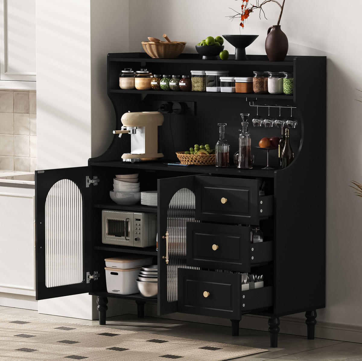 BUFFET 120/40/138,5 cm schwarz aus MDF mit Steckdose - Schwarz, Holzwerkstoff (120/138.5/40cm) - OKWISH