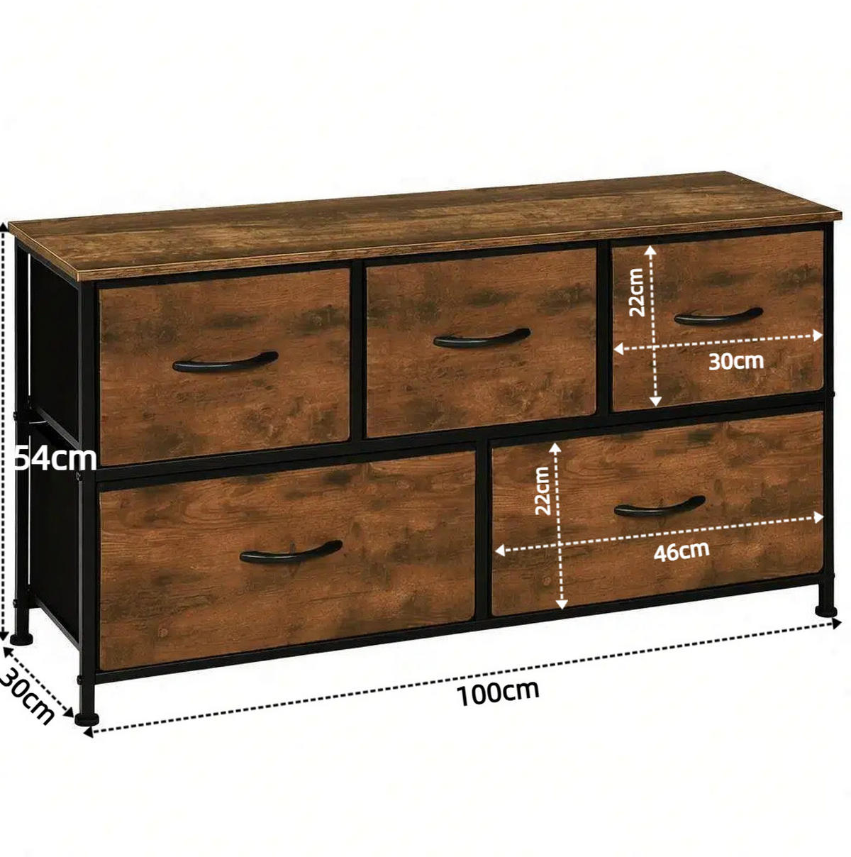 KOMMODE in Vintage-Braun 100x30x54 cm mit 5 Stoffschubladen - Braun, Textil (30/54/100cm) - IVMEU