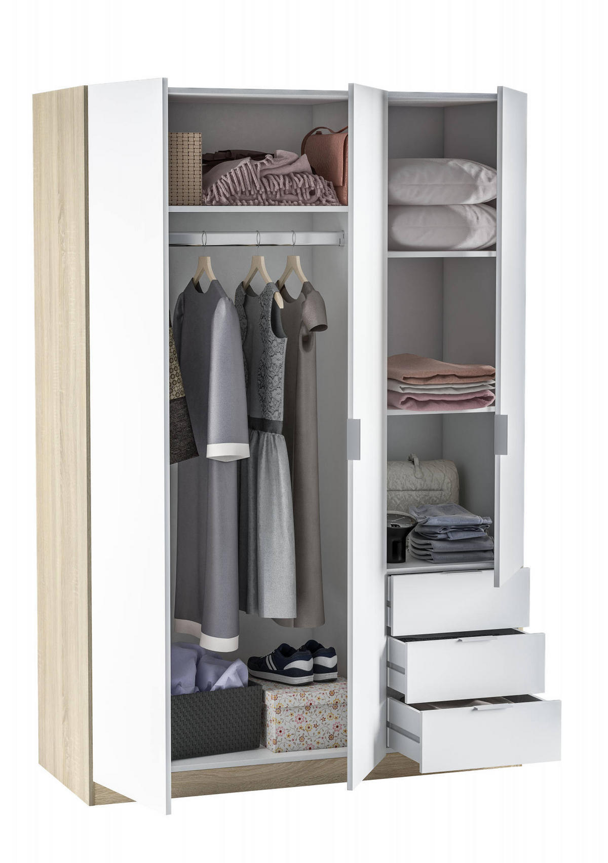 KLEIDERSCHRANK 3 TÜREN Weiß, Eiche 52/121/180 cm - Weiß, Holzwerkstoff (121/180/52cm) - DMORA