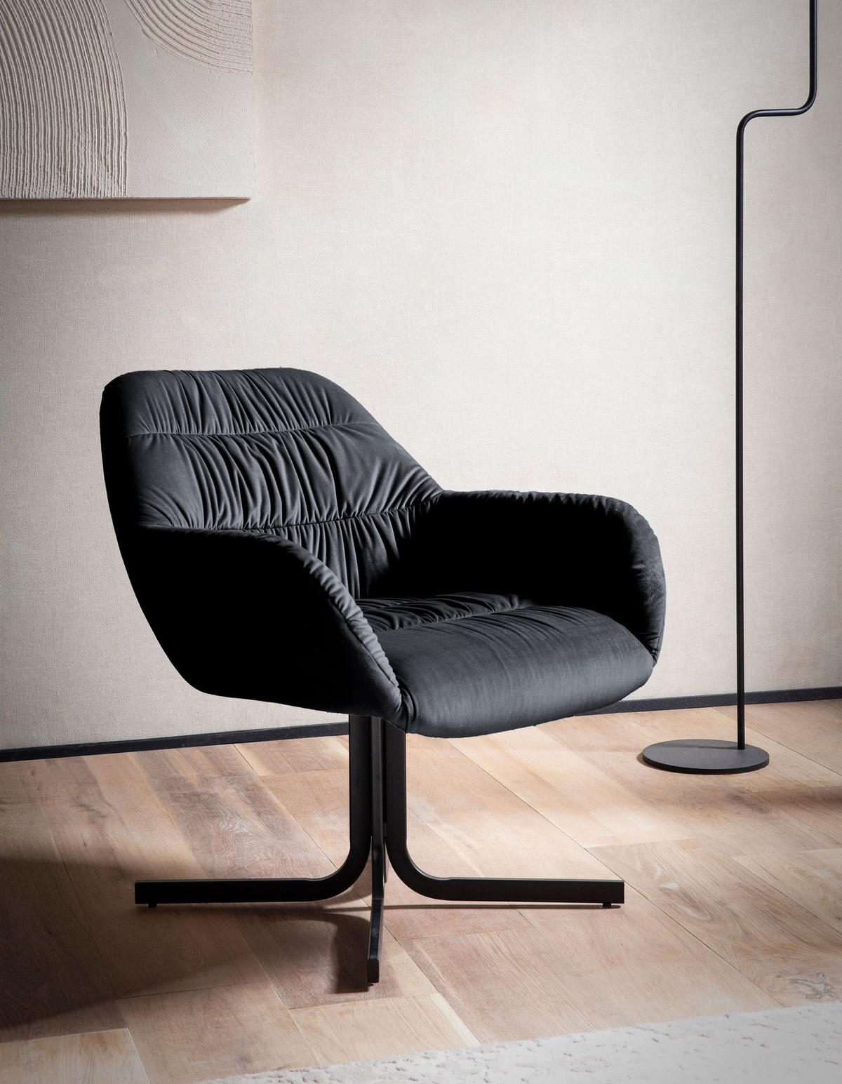 LOUNGESESSEL Samt mit Armlehnen und Metallgestell, gepolsterter Schalensitz, Schwarz 64x68x74 cm - Schwarz, Textil/Metall (64/74/68cm) - KADIMA DESIGN