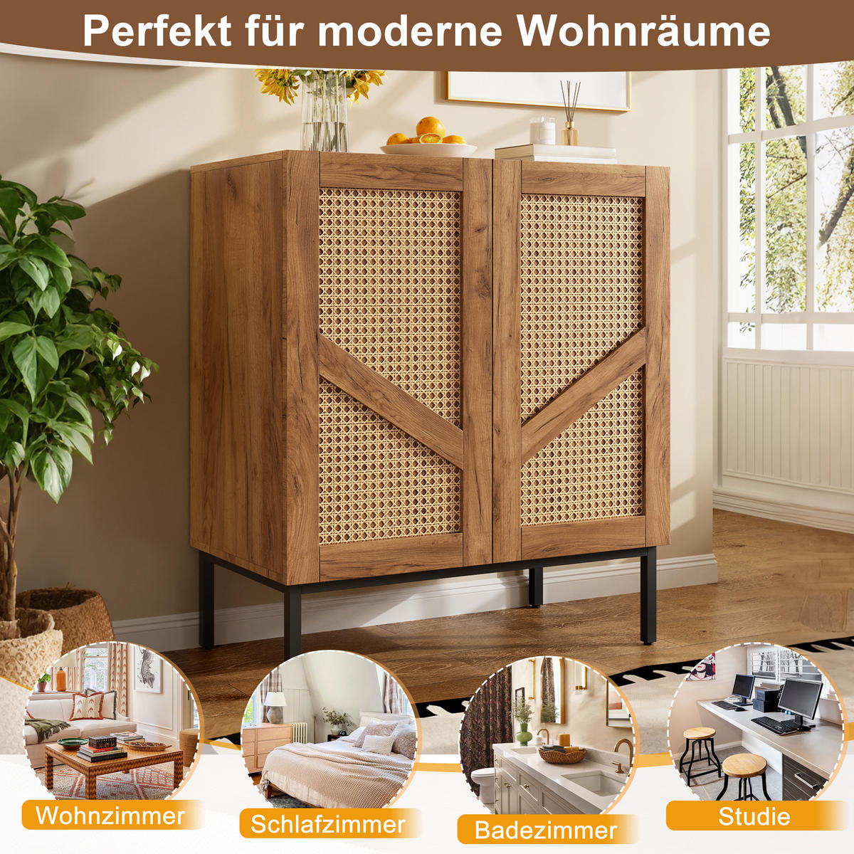 SIDEBOARD Holzoptik mit PE-Rattan 2 Türen 2 Verstellbare Böden Metallbeine - Naturfarben, Holzwerkstoff (70/80/38.5cm) - Urban Meuble