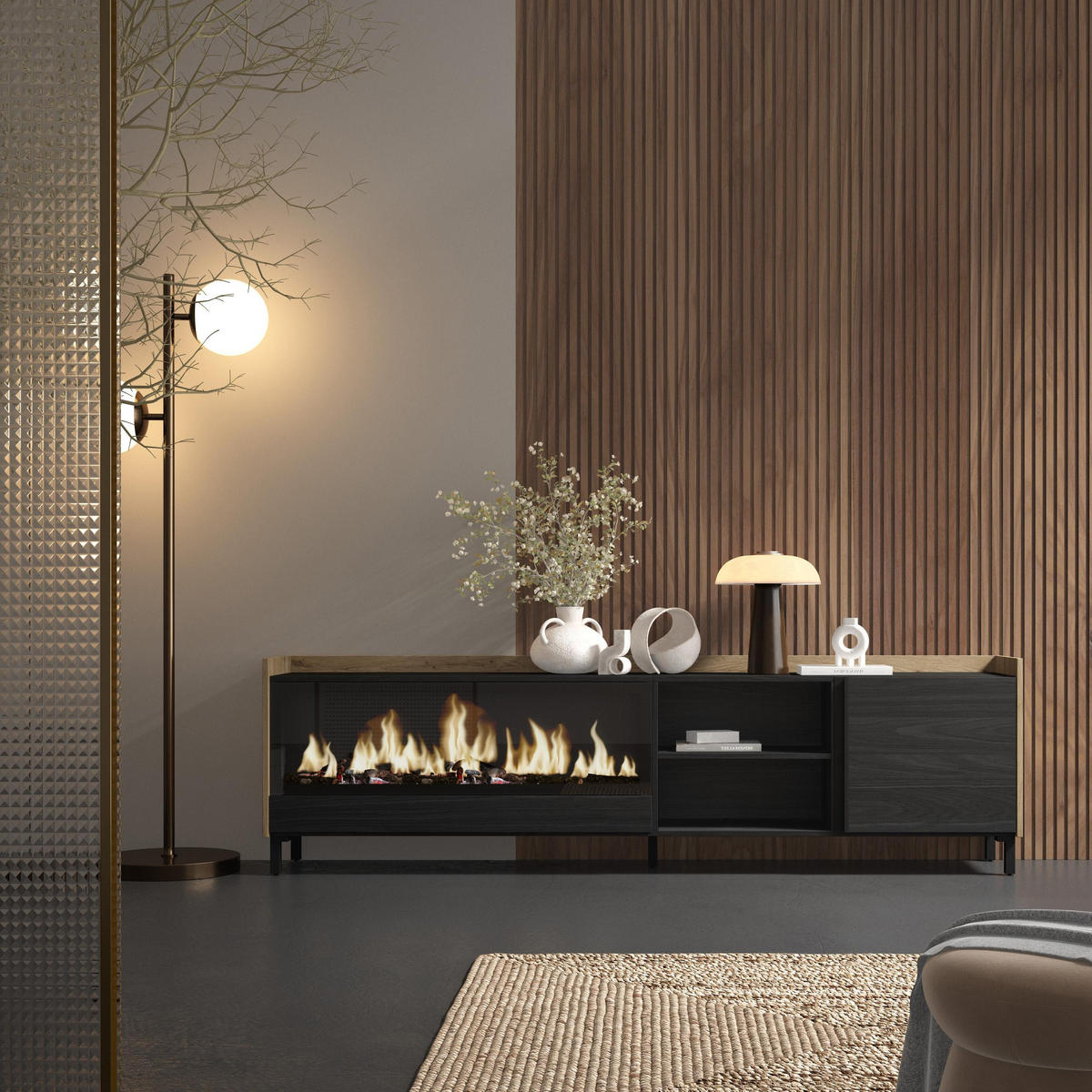 LOWBOARD, Schwarz und Eiche, 212/35/61cm, Kamin mit Feuereffekt XXL - Schwarz, Holzwerkstoff (212/61/35cm) - Skraut Home