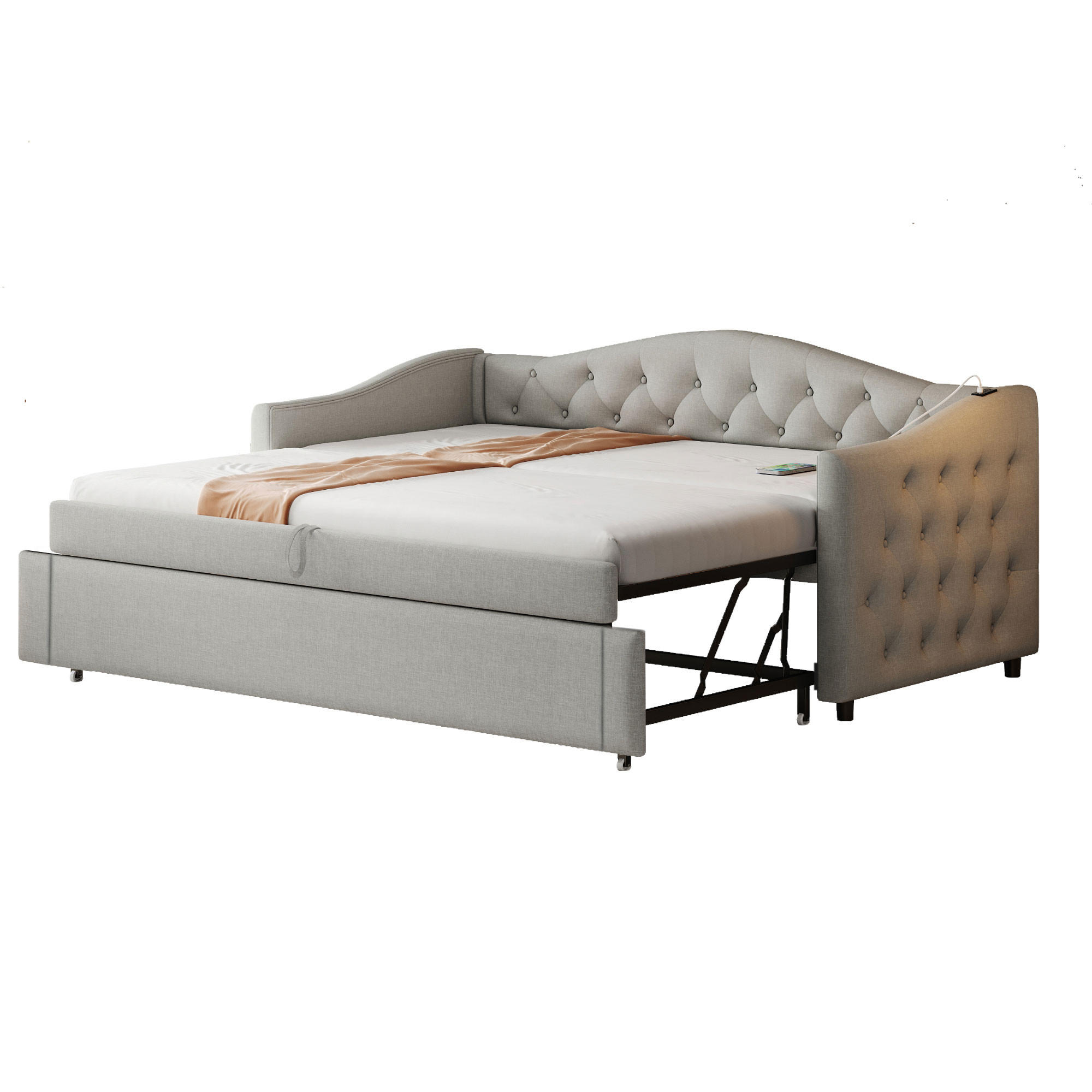 POLSTERBETT 90/200 cm graues Schlafsofa mit USB-Anschluss und Lattenrost - Grau, Textil (90/200cm) - OKWISH