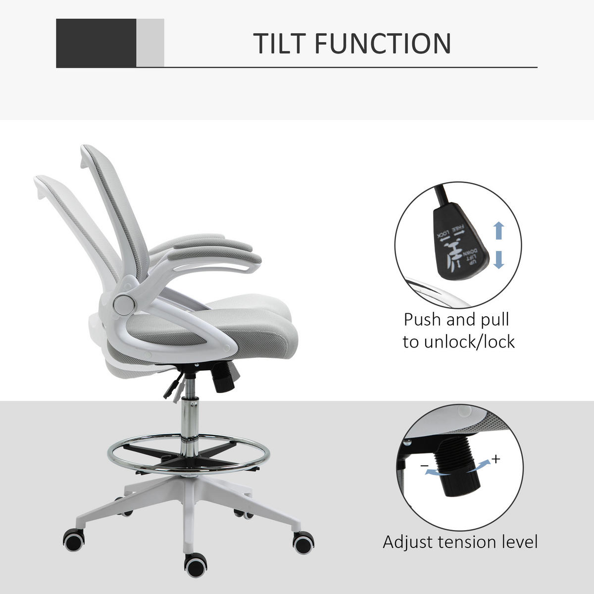 BÜROSTUHL Ergonomischer Schreibtischstuhl mit Hochklappbaren Armlehnen Netz - Hellgrau, Kunststoff (60/126/64cm) - Vinsetto