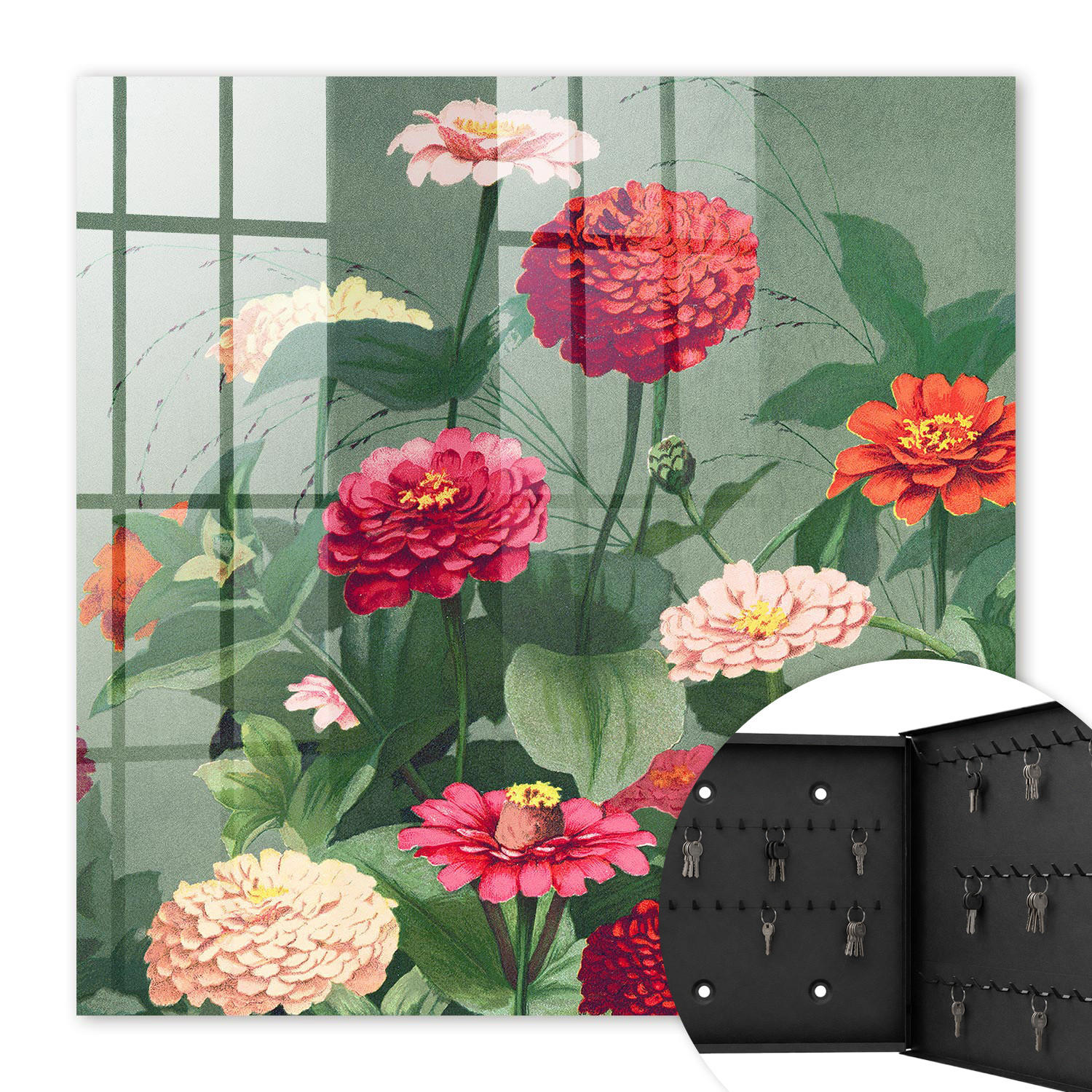 SCHLÜSSELBOX Schwarz 30x30 cm- Türöffnung nach rechts - Blühender Garten - Grün, Metall (30/30/5cm) - TULUP