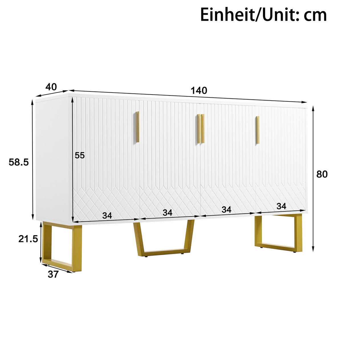 SIDEBOARD 140/40/80 cm in Weiß Hochglanz mit 4 Türen & Metallbeinen - Weiß, Holzwerkstoff (140/80/40cm) - BEAOK
