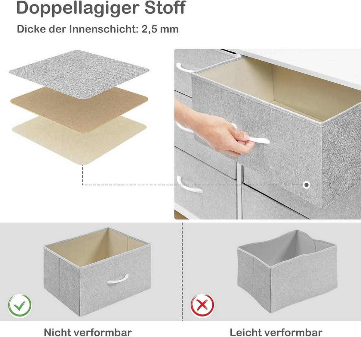 KOMMODE mit 8 Schubladen, 2 Steckdosen, Hellgrau - Hellgrau/Weiß, Holzwerkstoff/Textil (132/88/30cm) - Woltu