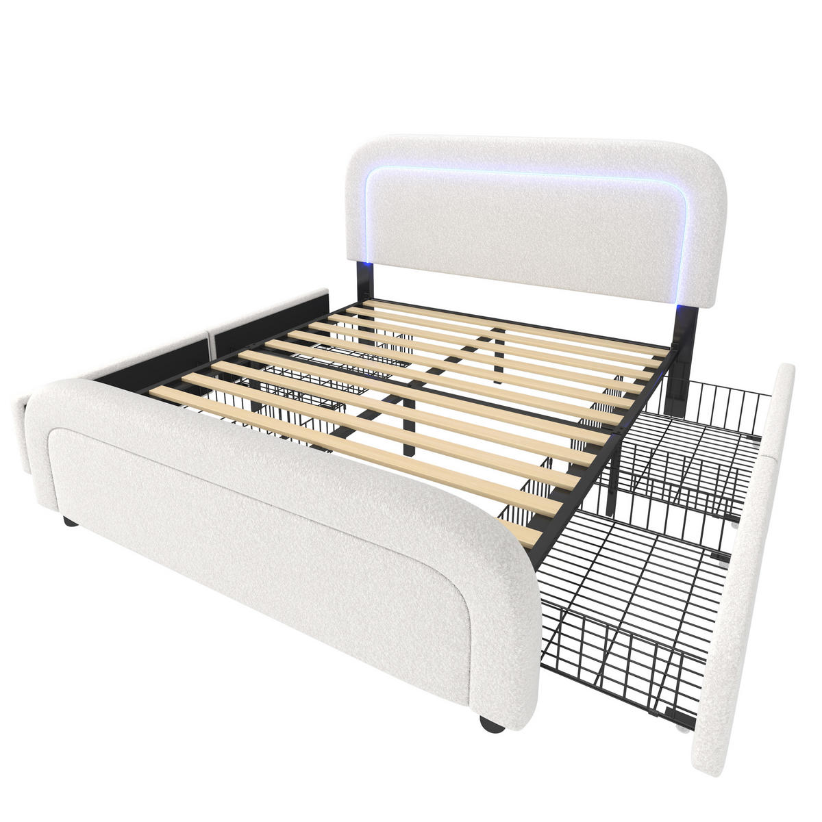 POLSTERBETT mit Matratze 140/200 cm aus Sherpa mit USB-C, LED und 4 Schubladen Weiß - Weiß, Fell (140/200cm) - Modenvie