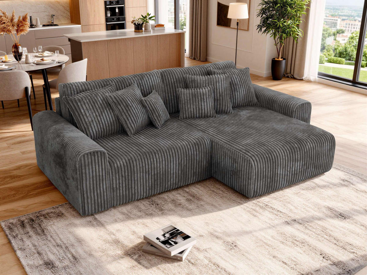 ECKSOFA ELARA L Grau Cord - Schwarz/Grau, Kunststoff/Textil (278/192cm) - MKS