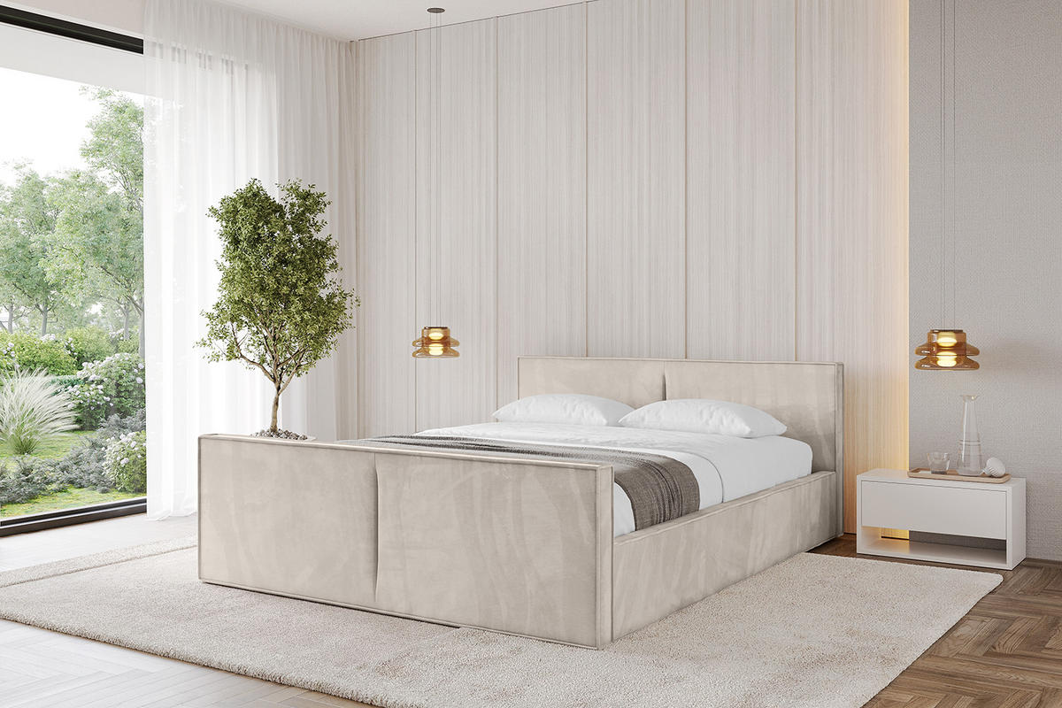 POLSTERBETT mit Bettkasten, Fußteil und Lattenrost, Boxbett mit Matratze H3/H4 - EMMI-Z-V1 180x200 Beige - Beige, Holzwerkstoff/Textil (180/200cm) - ALTDECOR